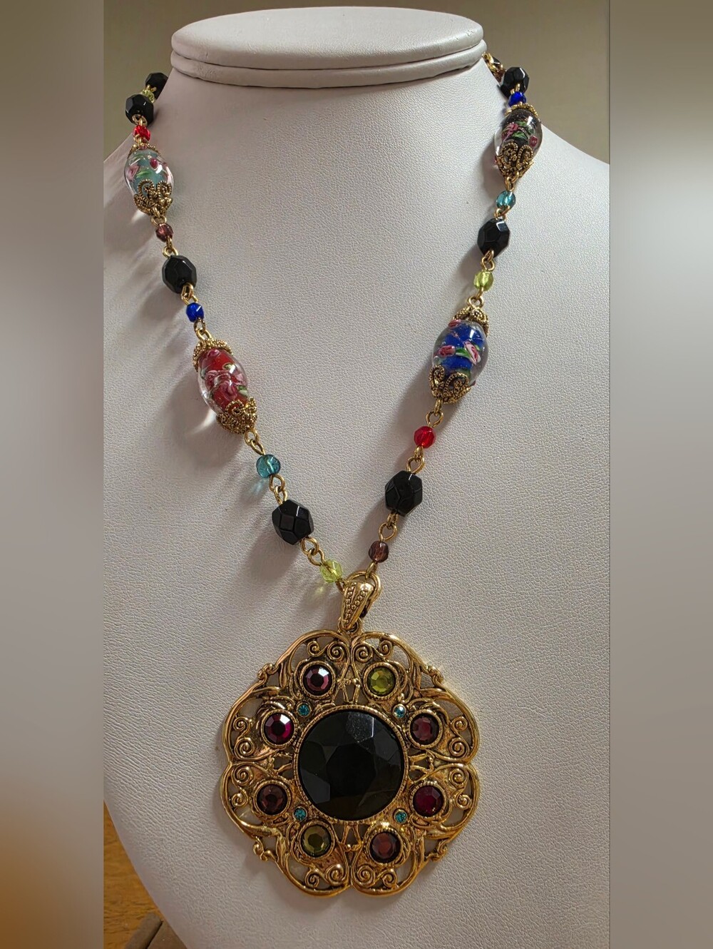 Venetian Style Lamp Work Glass Beaded   Renesaissance Revival  Style Necklace